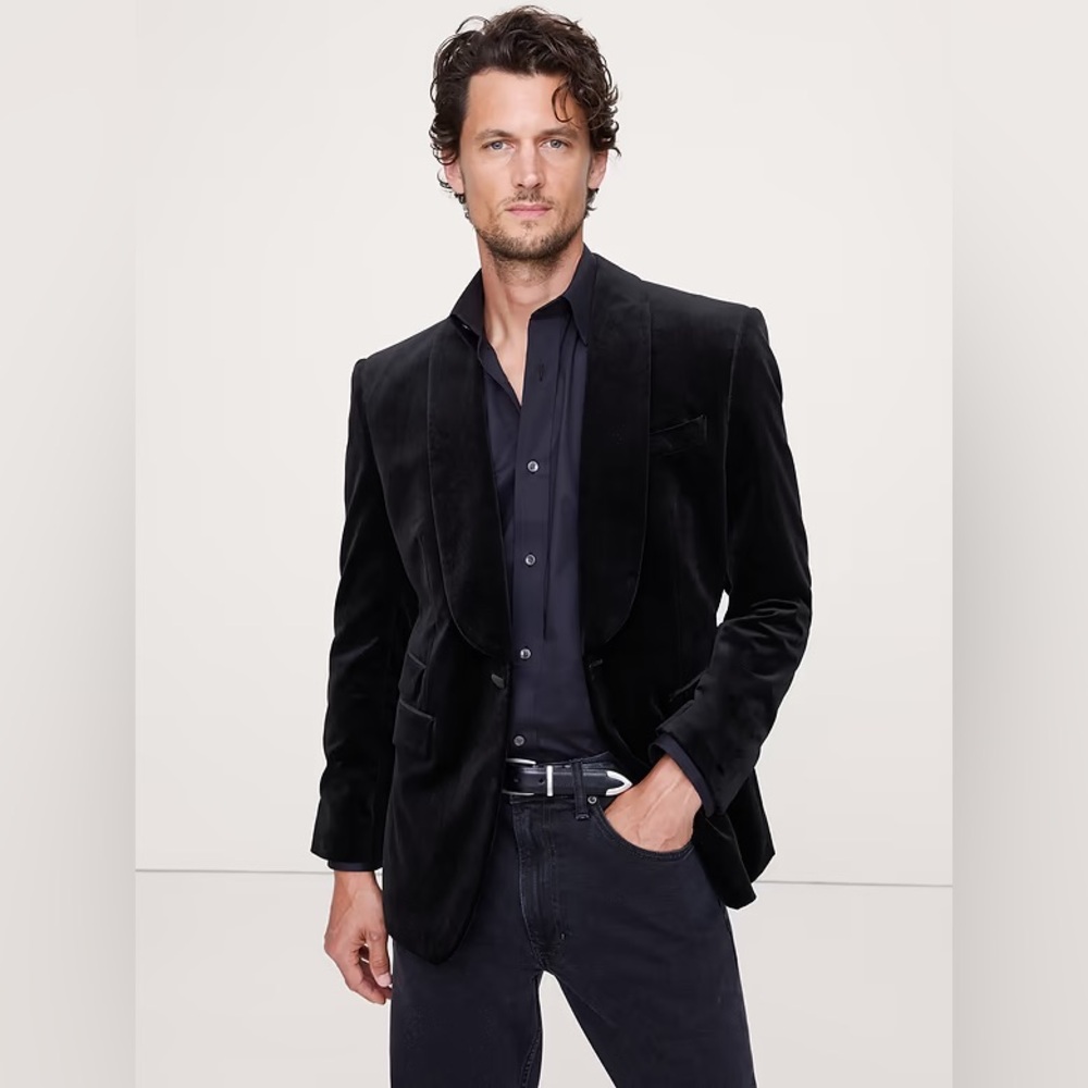 NWT! Banana Republic Black Cotton Velvet Tuxedo Jacket - Multiple 🎸